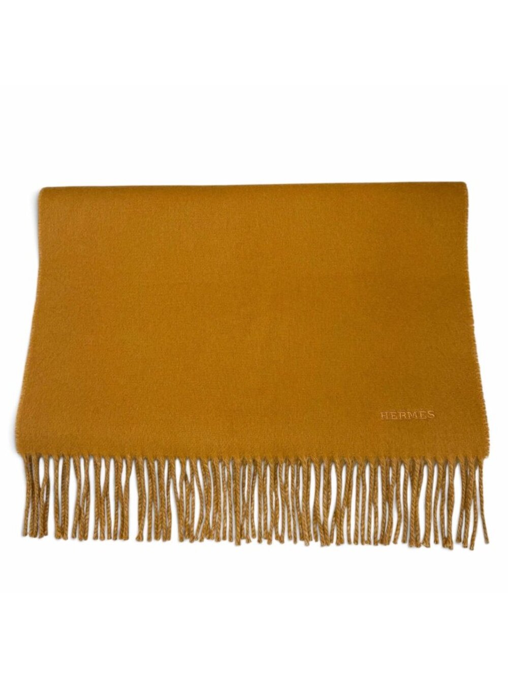 Hermes Recto Verso Cashmere 100% Logo Embroidery Fringe Scarf Camel Beige